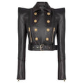 Double-Breasted Cropped Leather Motorcycle Jacket
