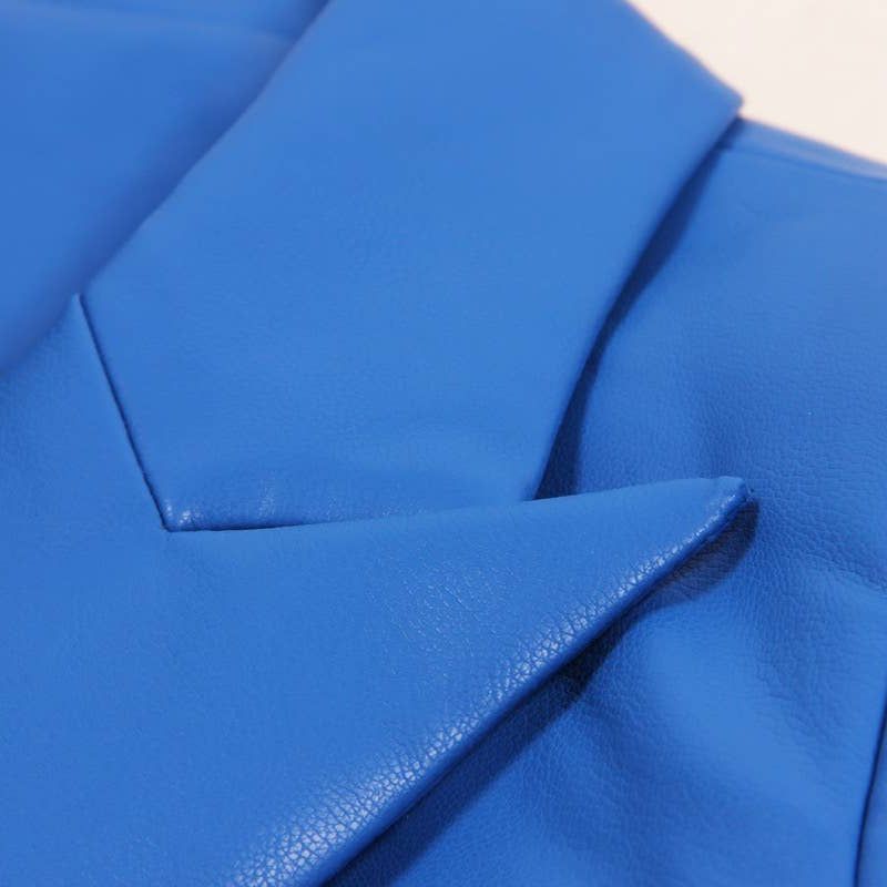 Women Vivid Blue Faux Leather Slim Fit Blazer