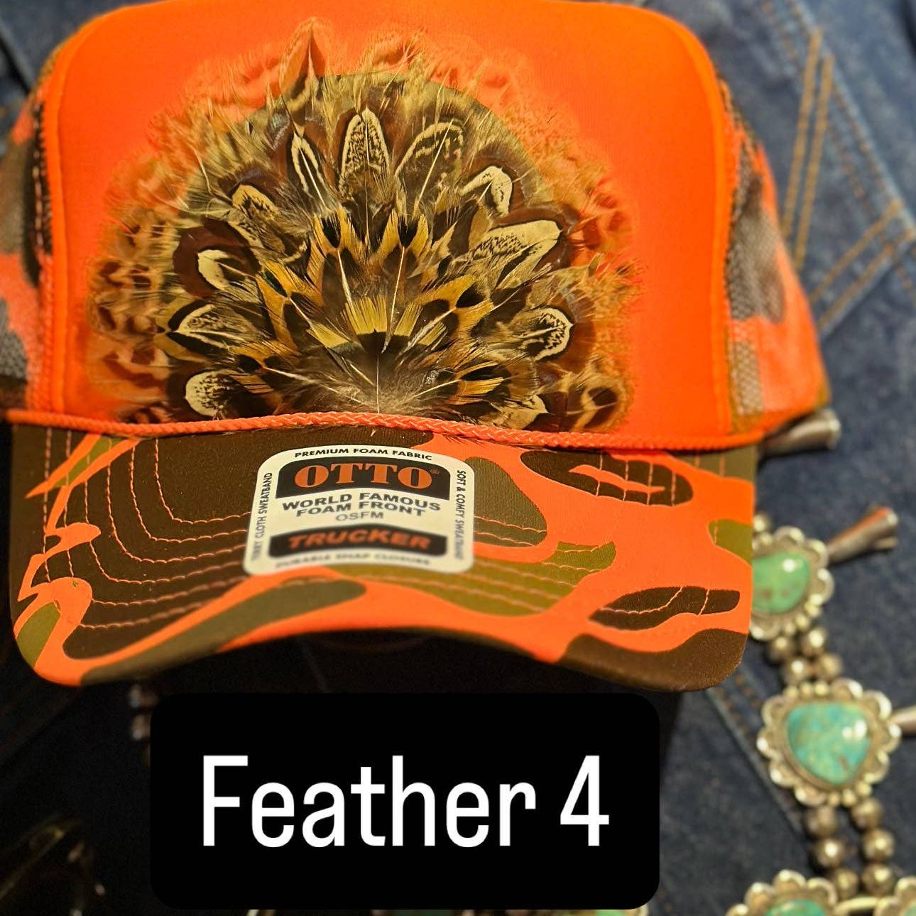 ORANGE CAMO CAMOUFLAGE FEATHER TRUCKER HAT