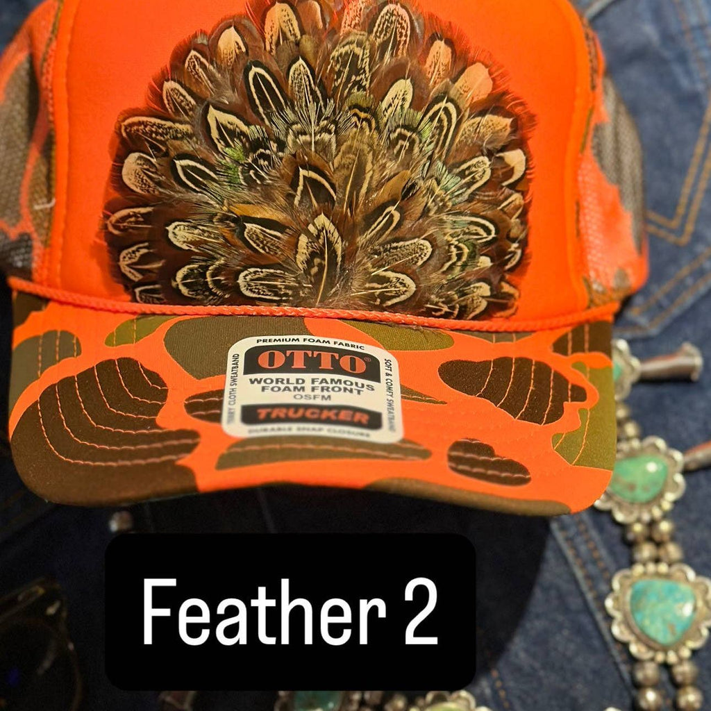 ORANGE CAMO CAMOUFLAGE FEATHER TRUCKER HAT