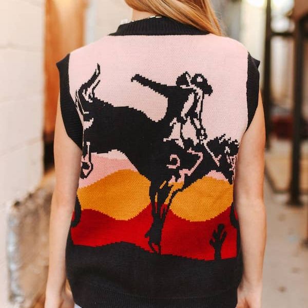 Western Cowboy Sunset Button Down Knit Sleevelss Sweater
