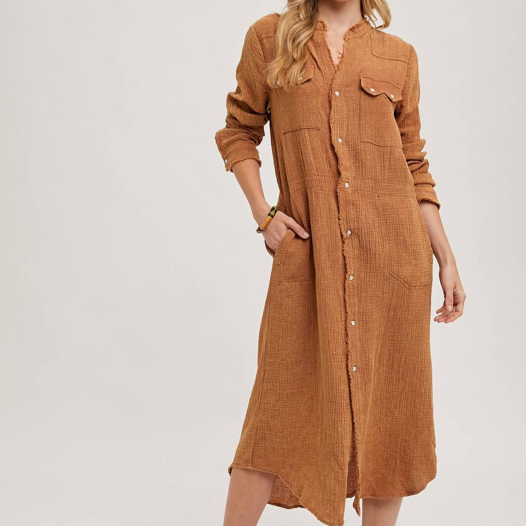 WASHED DENIM MIDI BUTTON DOWN SHIRT DRESS