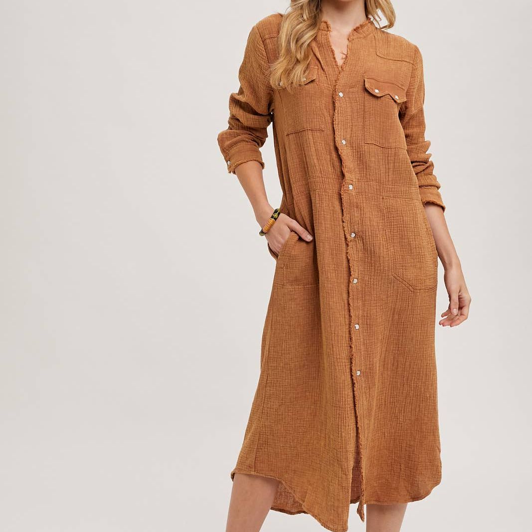 WASHED DENIM MIDI BUTTON DOWN SHIRT DRESS