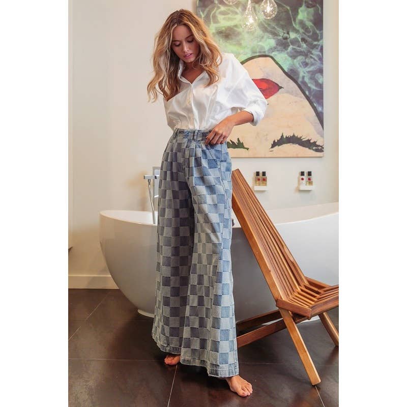 WASHED TWO TONE CHECKER WIDE PANTS