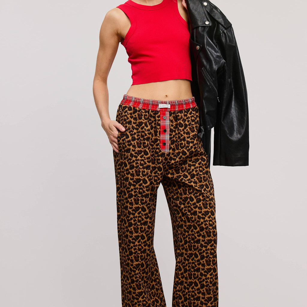 Plaid Flannel Contrast Waistband Leopard Pants