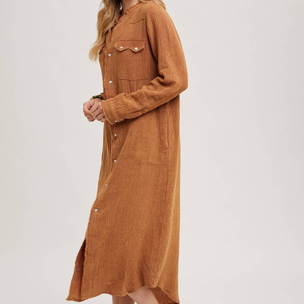 WASHED DENIM MIDI BUTTON DOWN SHIRT DRESS