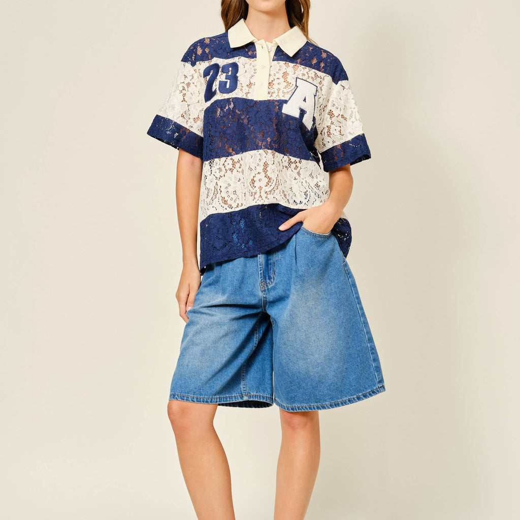 LACE STRIPE POLO TOP
