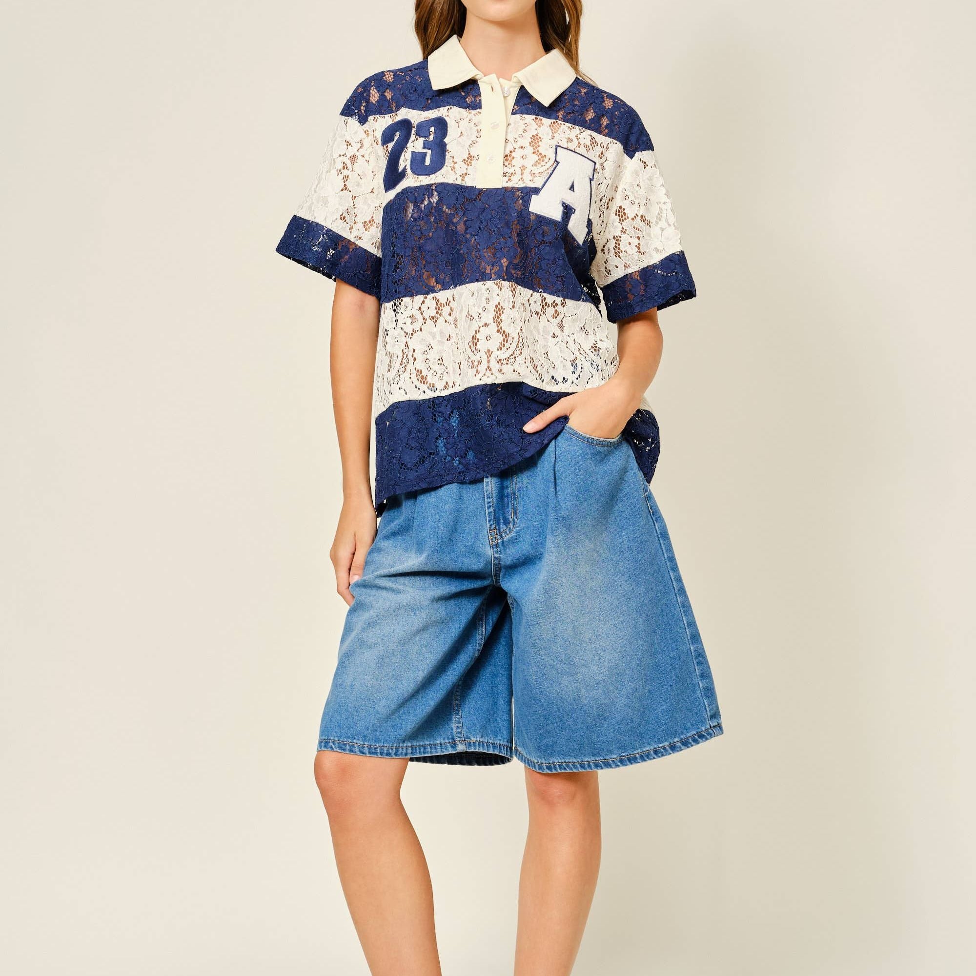 LACE STRIPE POLO TOP