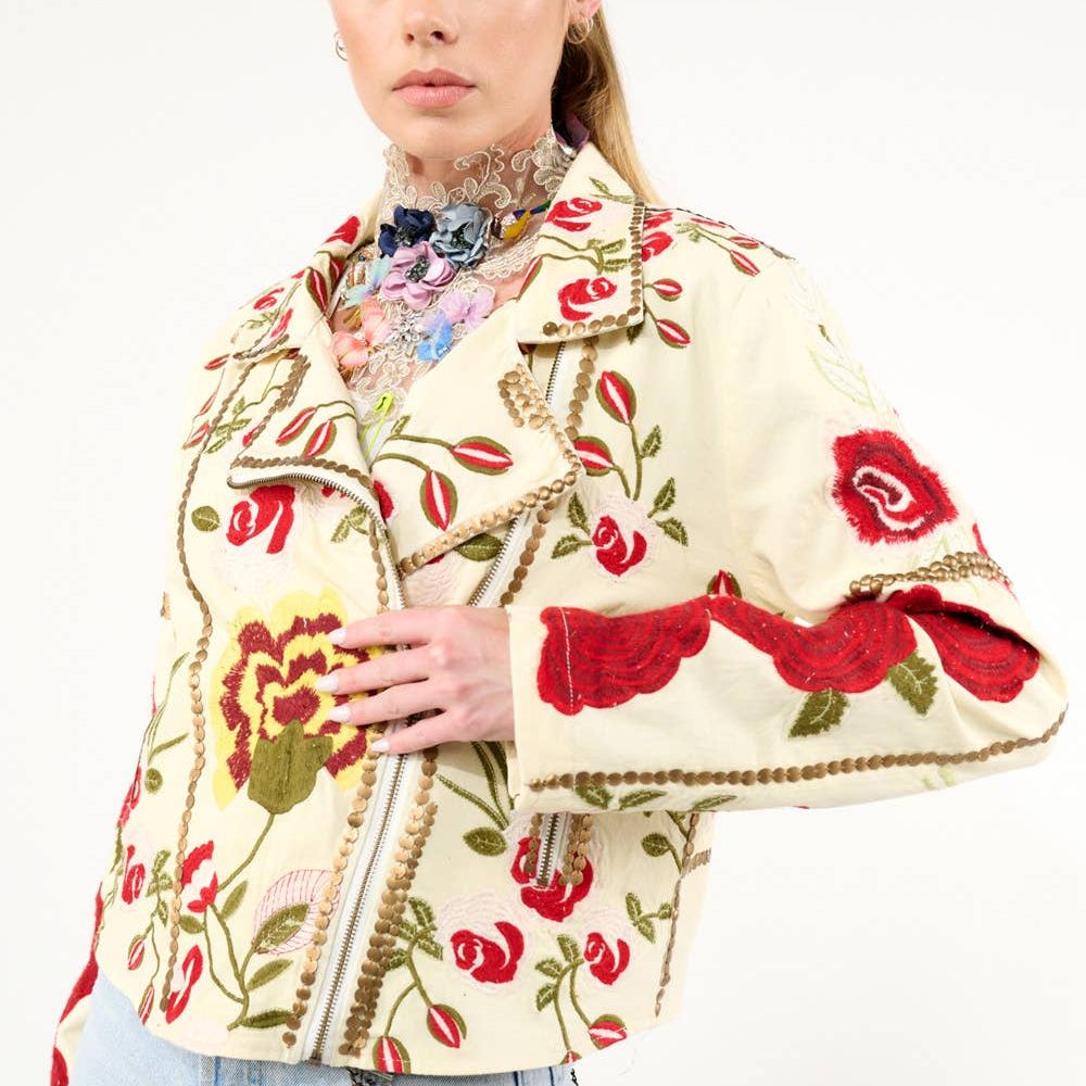 Carmen Embroidered Denim Motorcycle Jacket