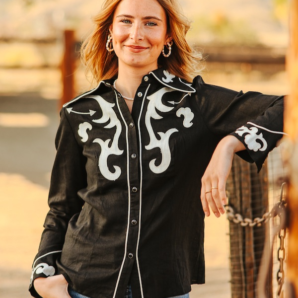 Black Ivory Patch Embroidered Boot Stitch Contrast Shirt