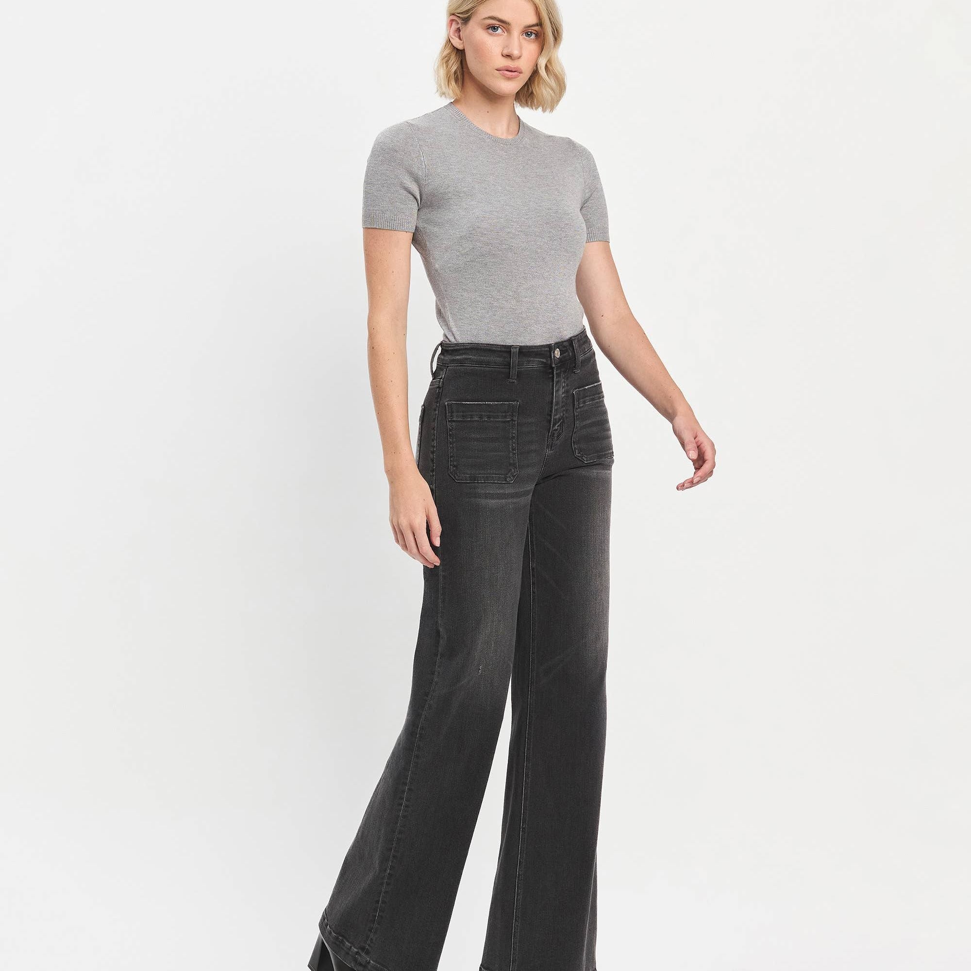HIGH RISE PATCH POCKET BLACK WIDE TROUSER JEANS T6569