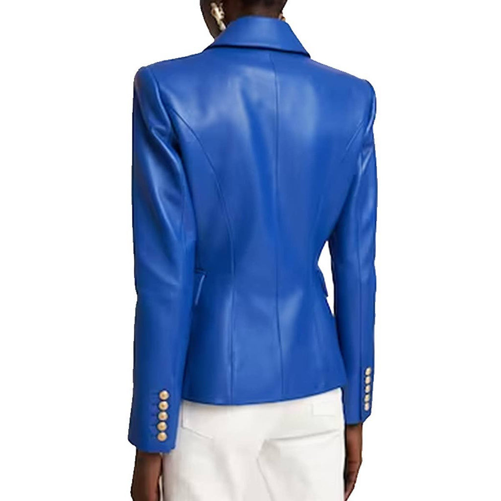 Women Vivid Blue Faux Leather Slim Fit Blazer