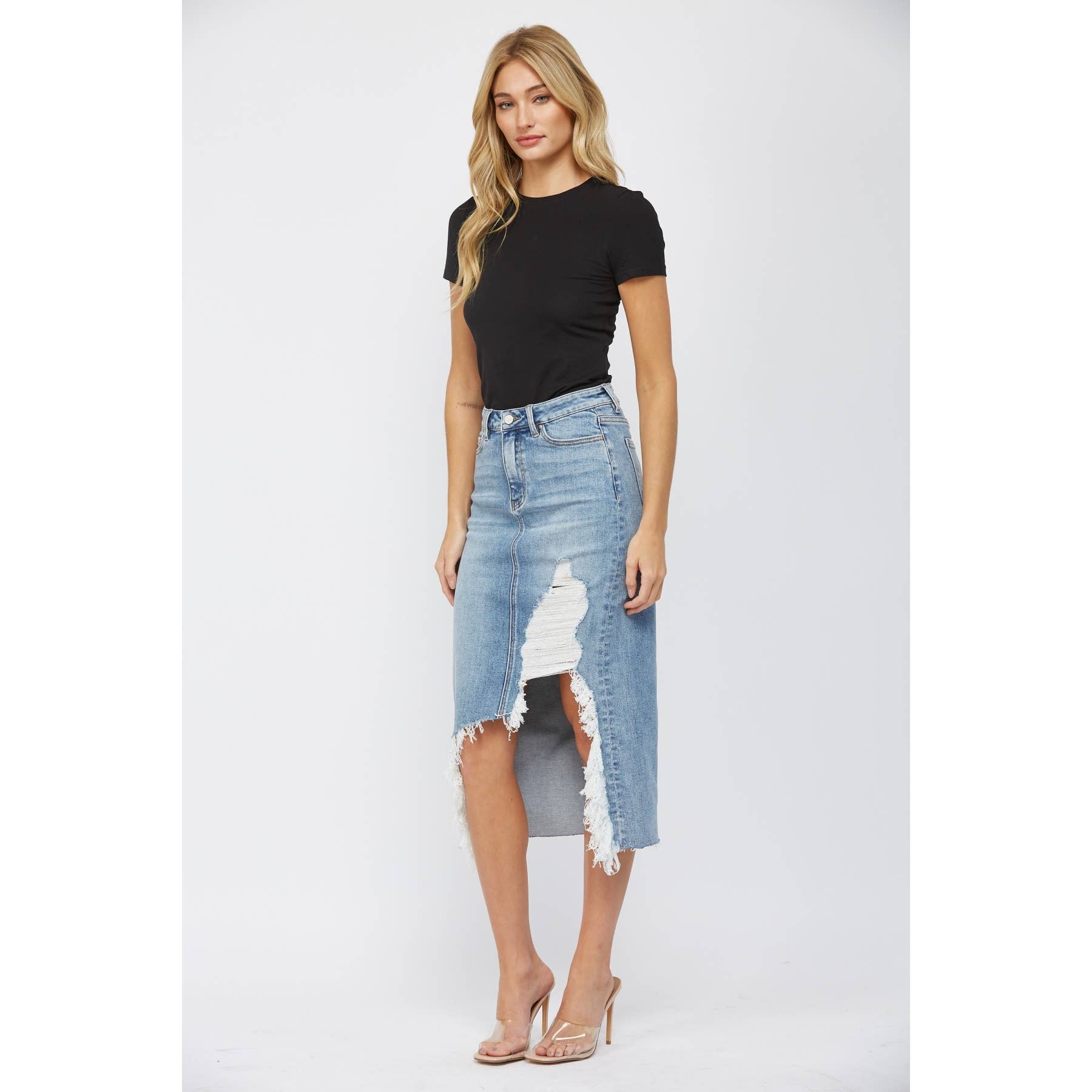 HIGH WAISTED MIDI SKIRT WITH DISTRESSED
