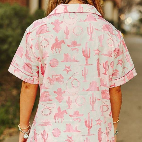 Cream Pink Western Printed Button Down Shorts Set
