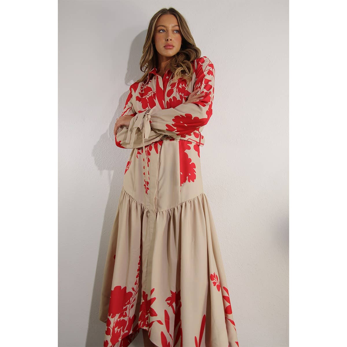 Print Uneven Belted Long Dress