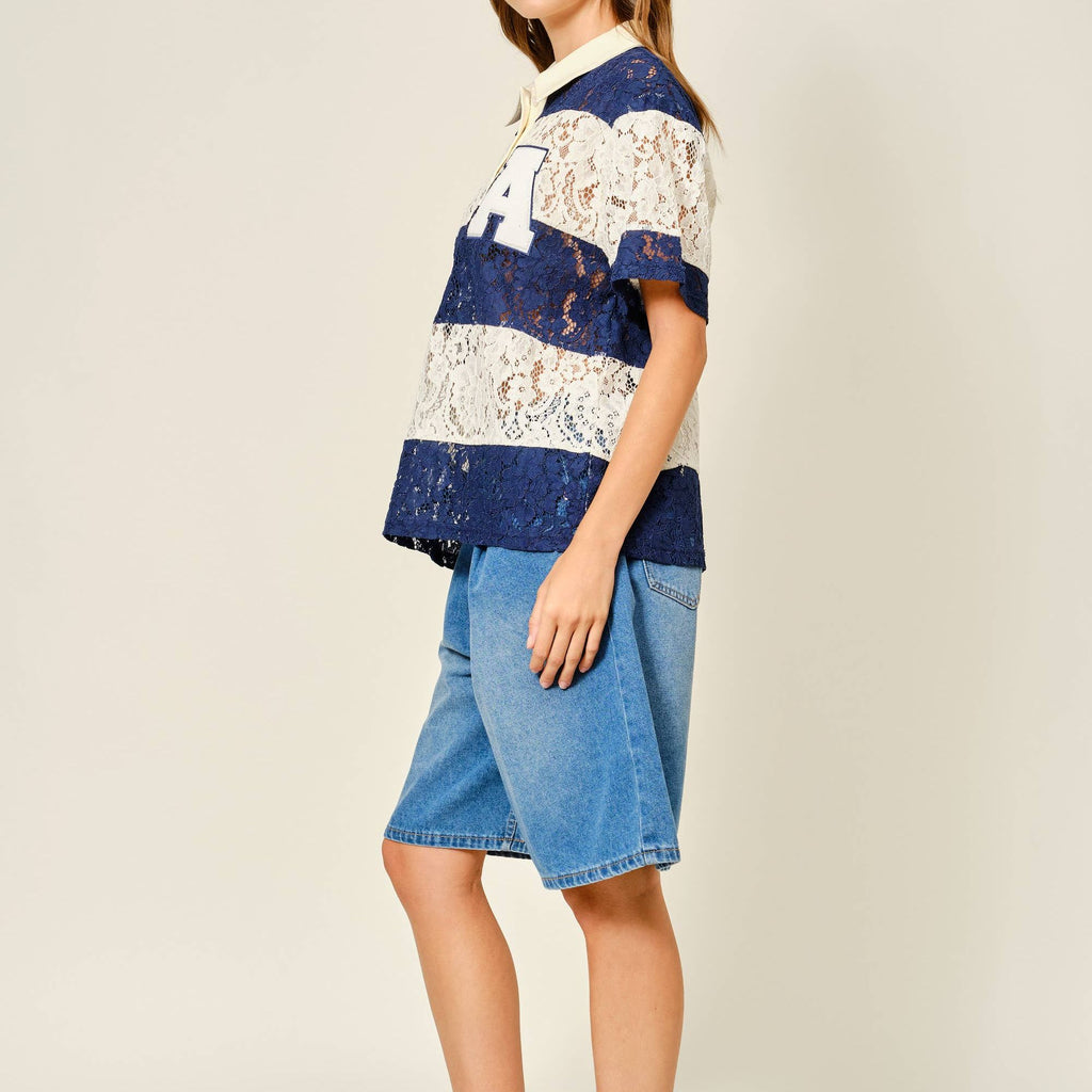 LACE STRIPE POLO TOP