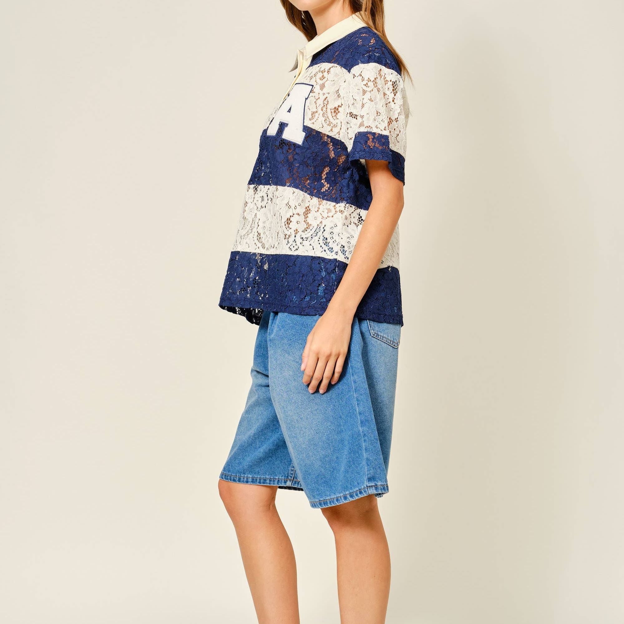 LACE STRIPE POLO TOP