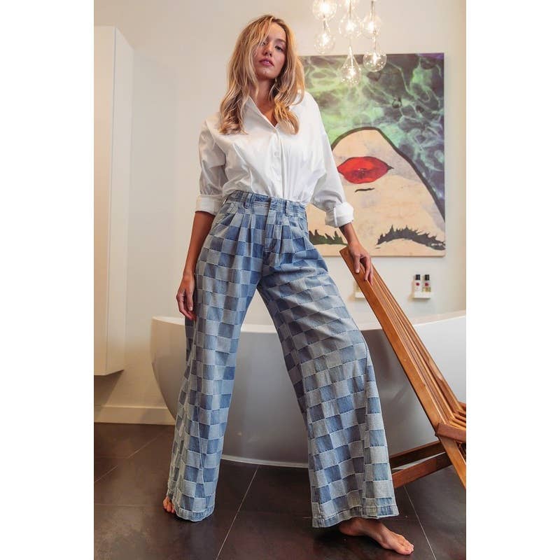 WASHED TWO TONE CHECKER WIDE PANTS