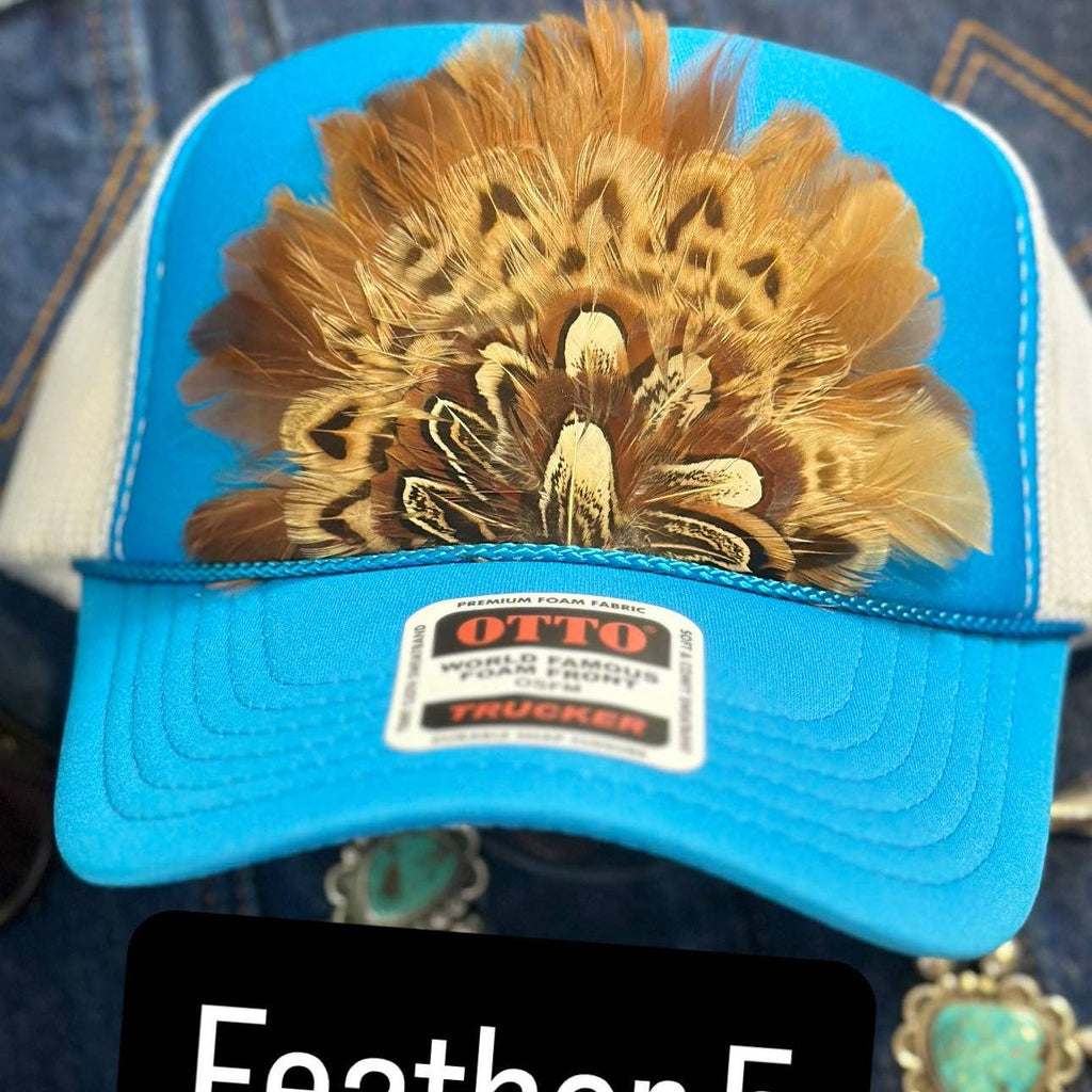 BLUE AND WHITE FEATHER TRUCKER HAT