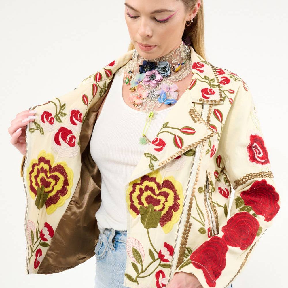 Carmen Embroidered Denim Motorcycle Jacket