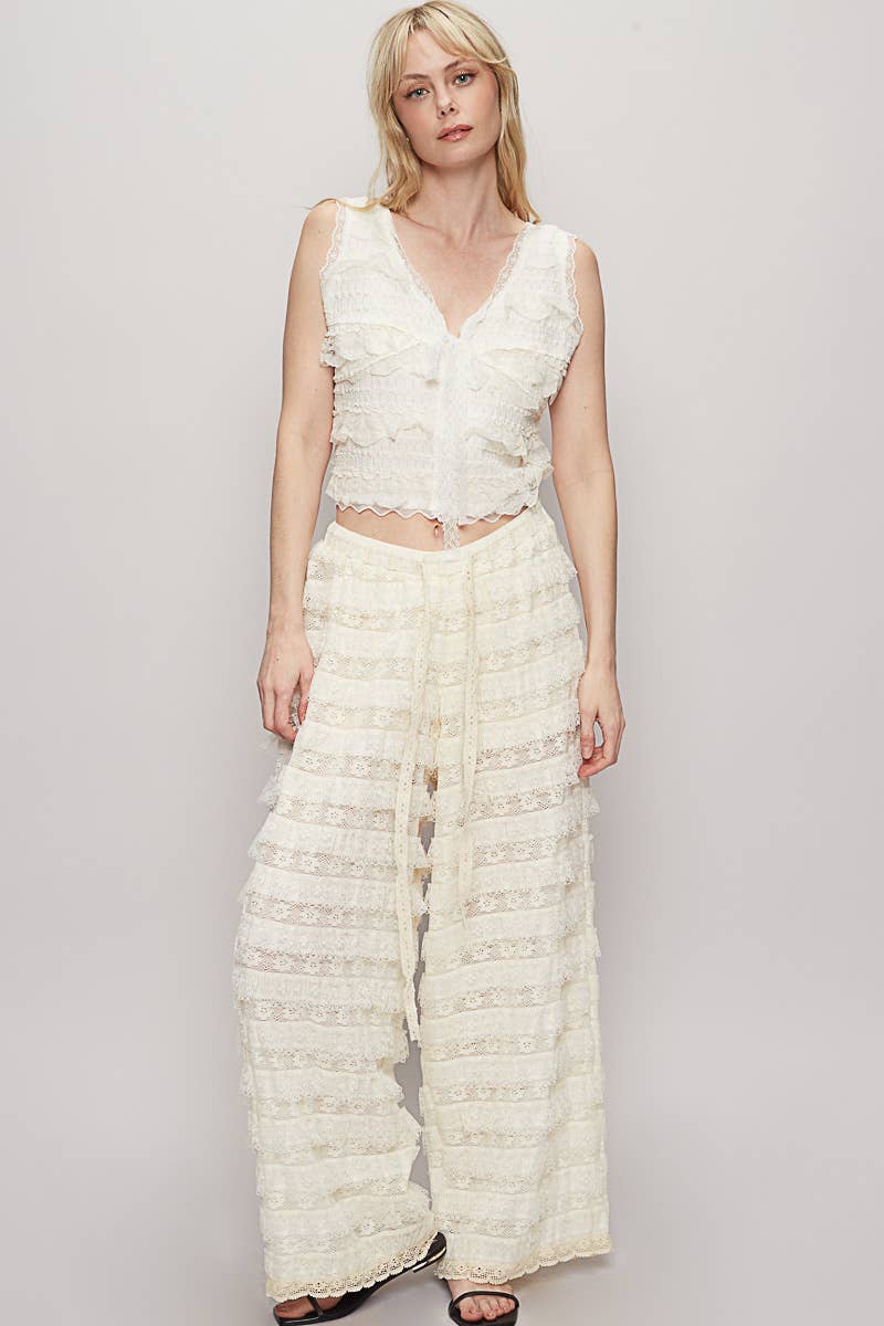 Solid lace trim detail woven wide pants