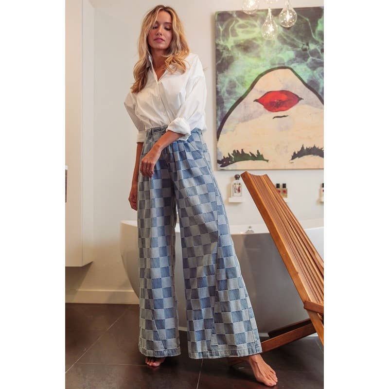 WASHED TWO TONE CHECKER WIDE PANTS