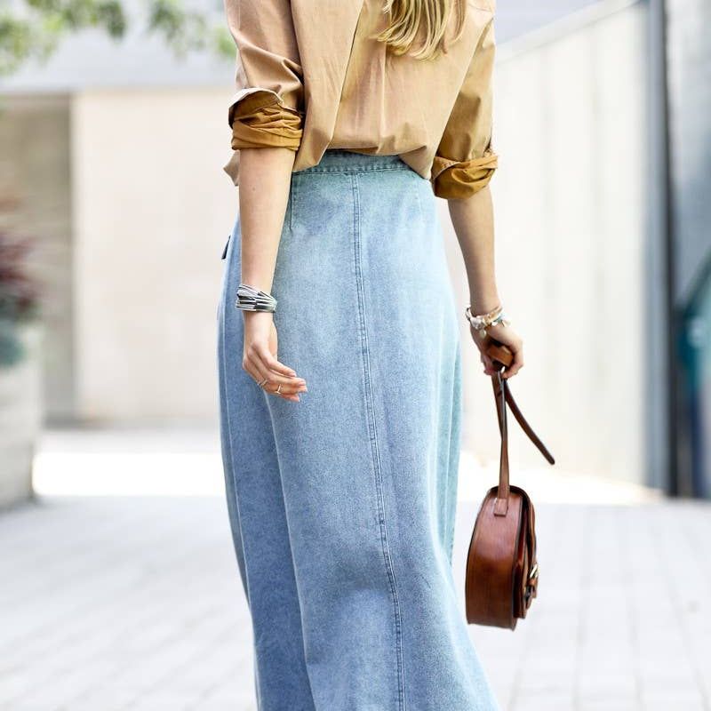 Front button down washed out denim maxi-skirt MK1699