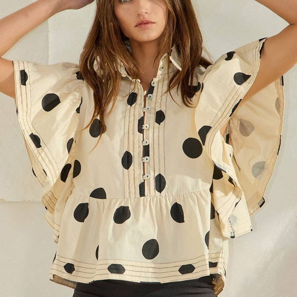Ruffle Sleeves Pintuck Detail Polka Dot Print top