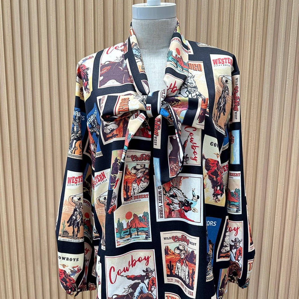 Western Cowboy Stamps Print Ribbon Blouse