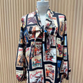 Western Cowboy Stamps Print Ribbon Blouse