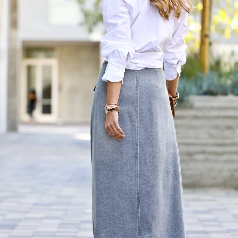 Front button down washed out denim maxi-skirt MK1699