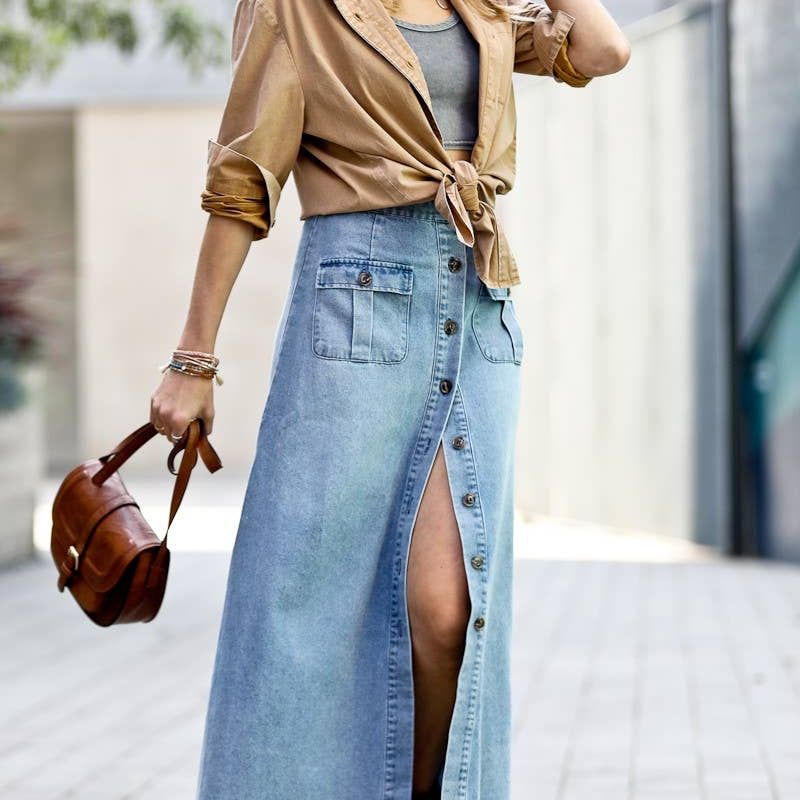 Front button down washed out denim maxi-skirt MK1699