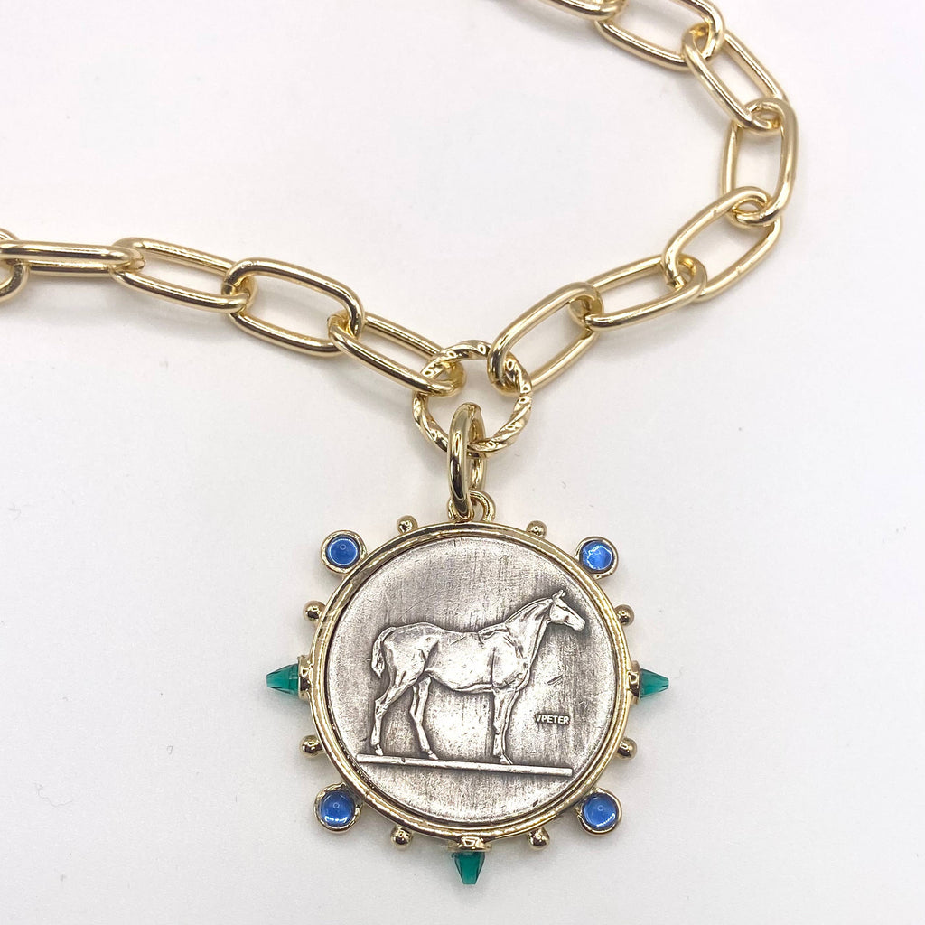 Equestrian horse coin medallion western emerald sapphire  