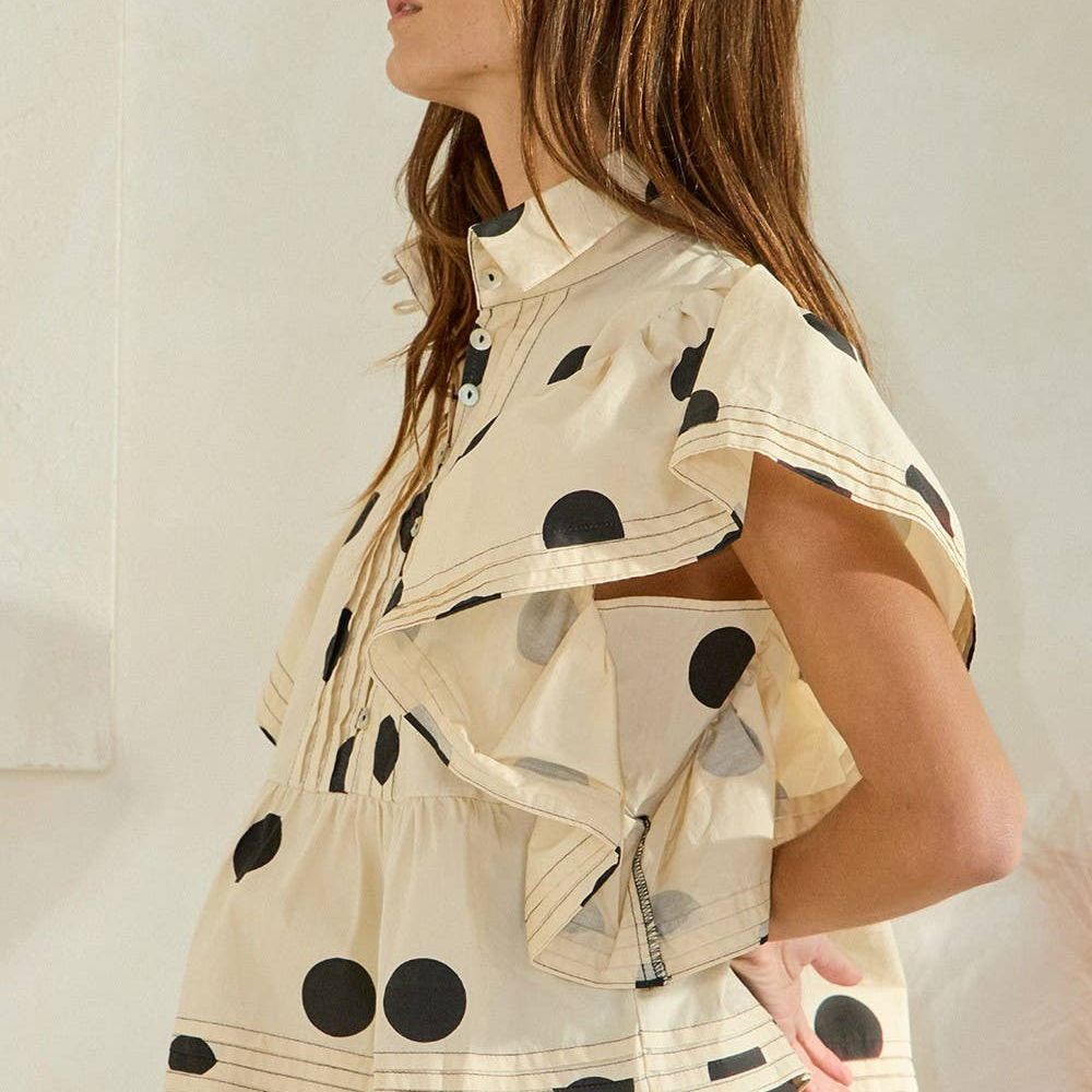 Ruffle Sleeves Pintuck Detail Polka Dot Print top