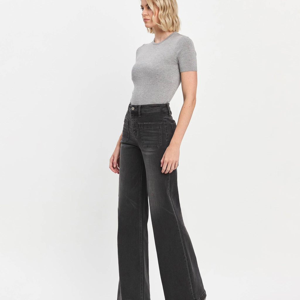 HIGH RISE PATCH POCKET BLACK WIDE TROUSER JEANS T6569