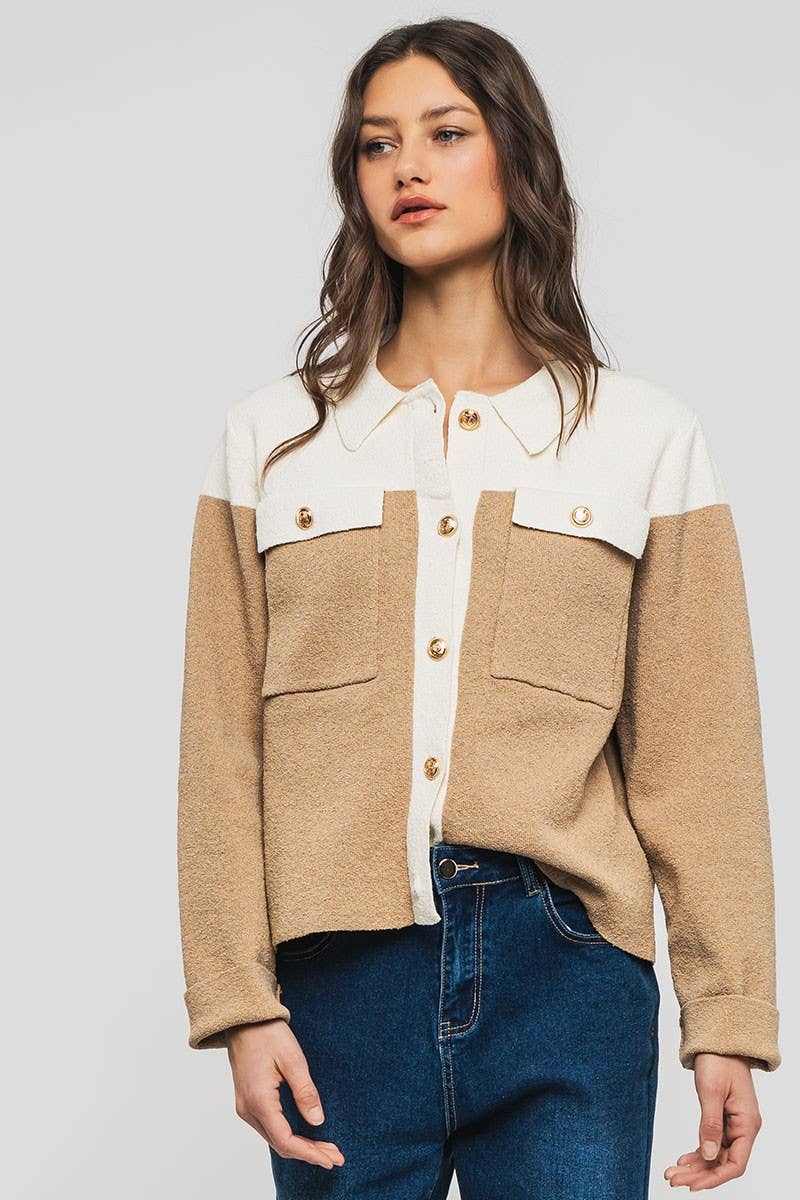 Colorblock Button-Up Cropped Coat