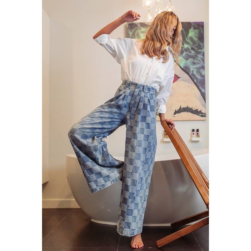 WASHED TWO TONE CHECKER WIDE PANTS