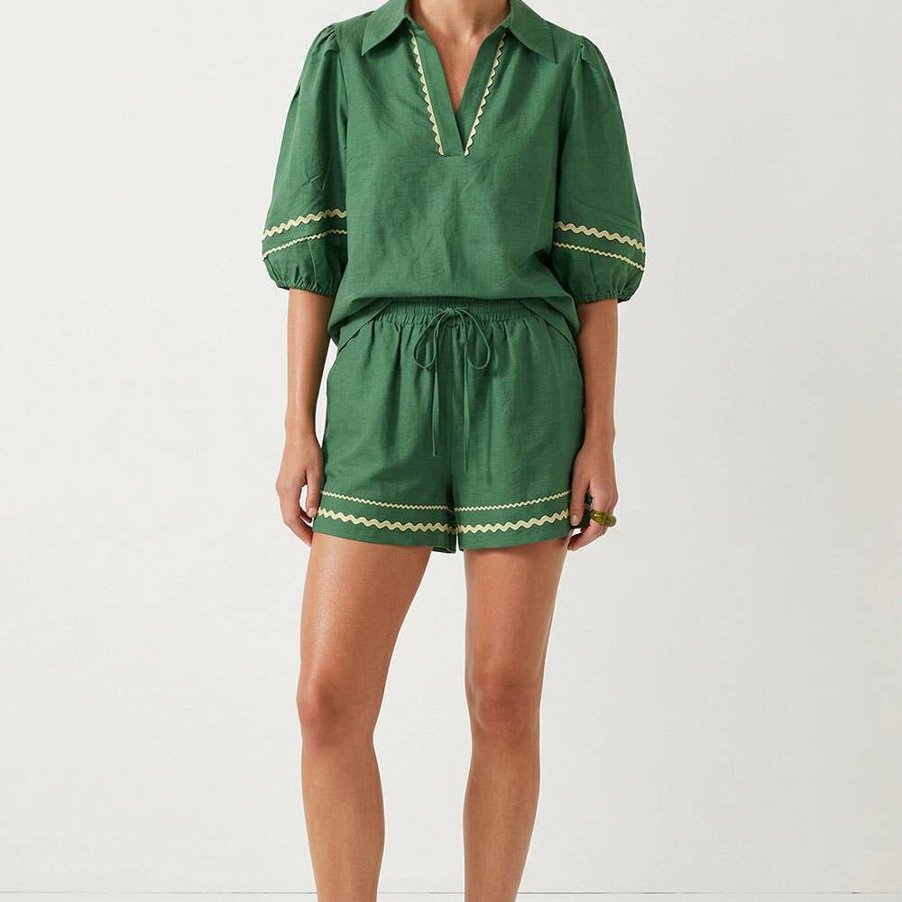 Contrast Trim Puff Sleeve Linen Blouse