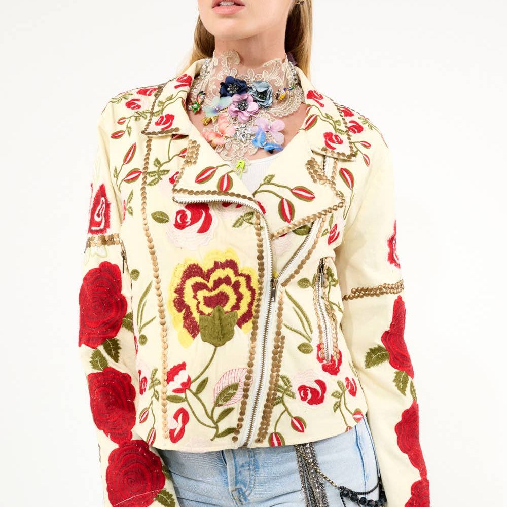 Carmen Embroidered Denim Motorcycle Jacket