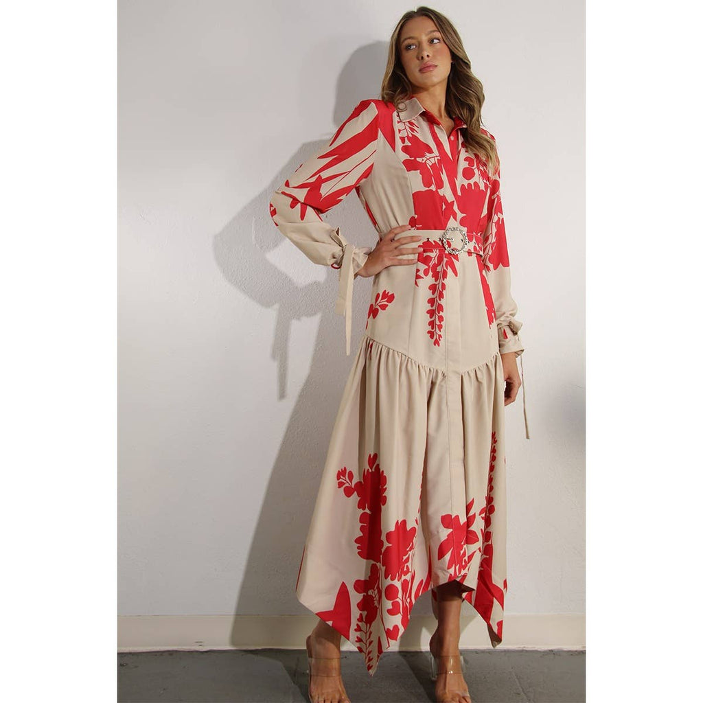 Print Uneven Belted Long Dress