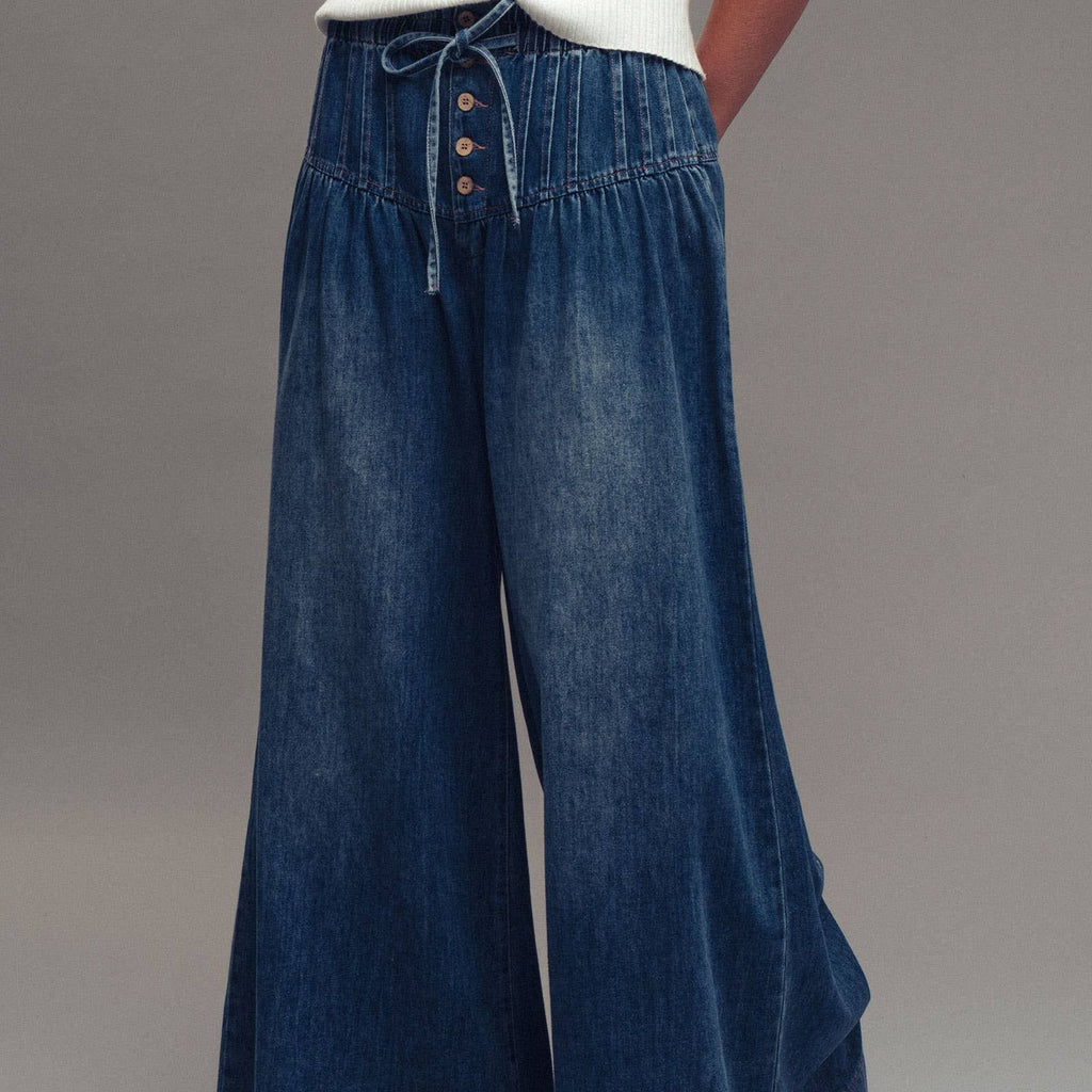 Pleated Wide-Leg Button Closure Pants