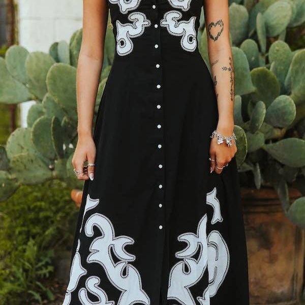 Black Pearl Snap Button Down Dress W Boot Stitch Detail