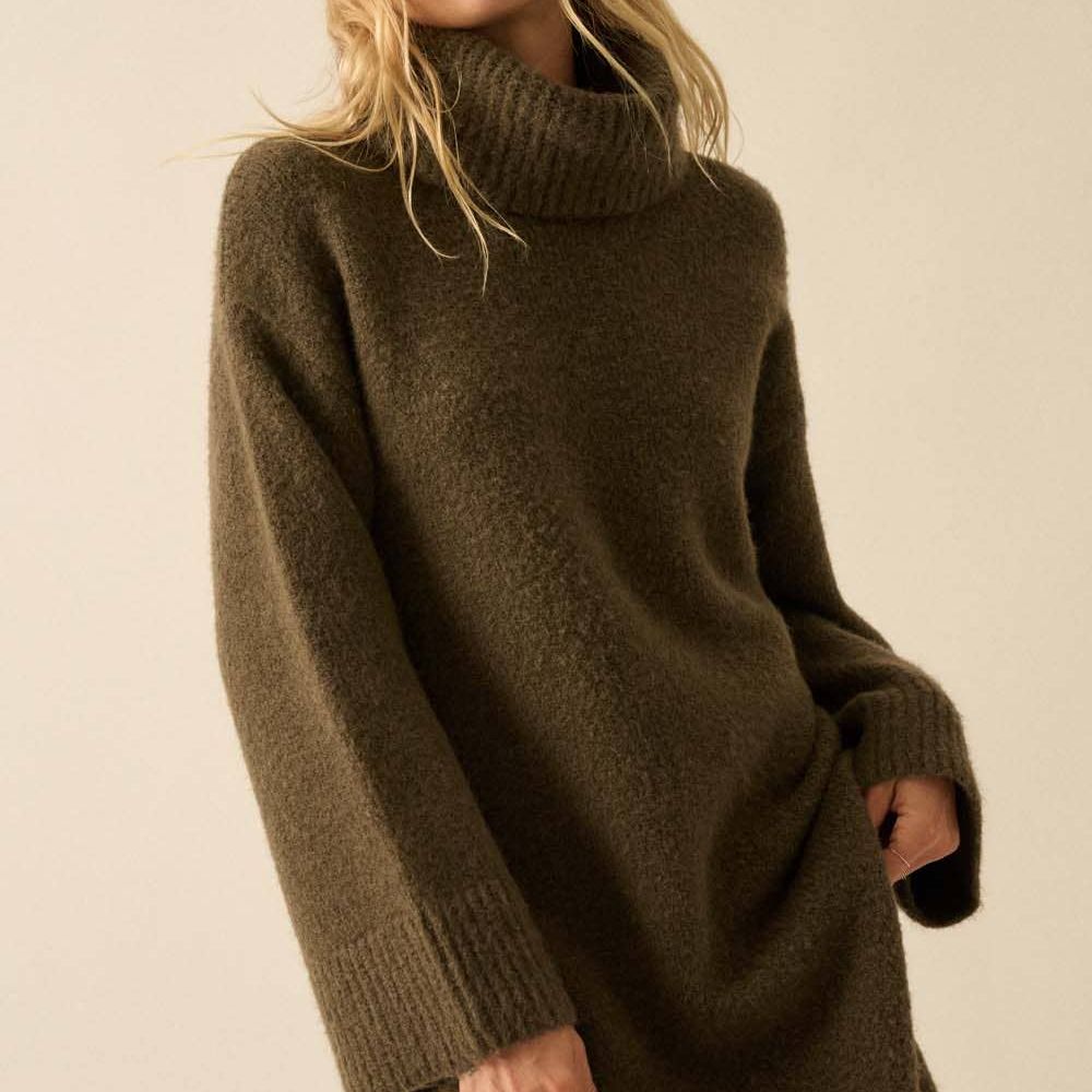 Solid Felted Knit Cowl-Neck Midi Sweater Dress