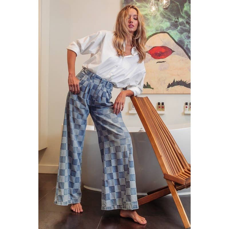 WASHED TWO TONE CHECKER WIDE PANTS