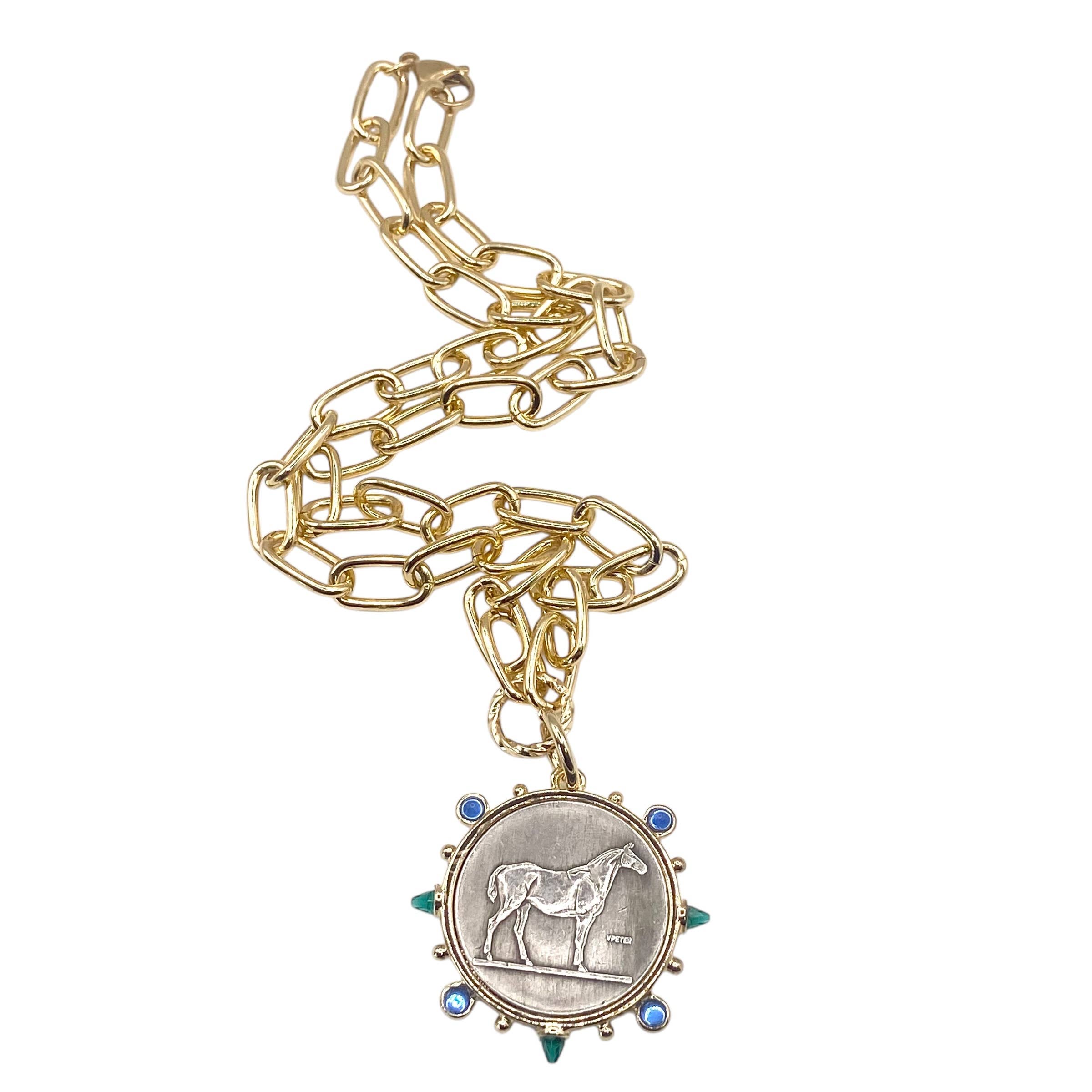 Equestrian horse coin medallion western emerald sapphire  