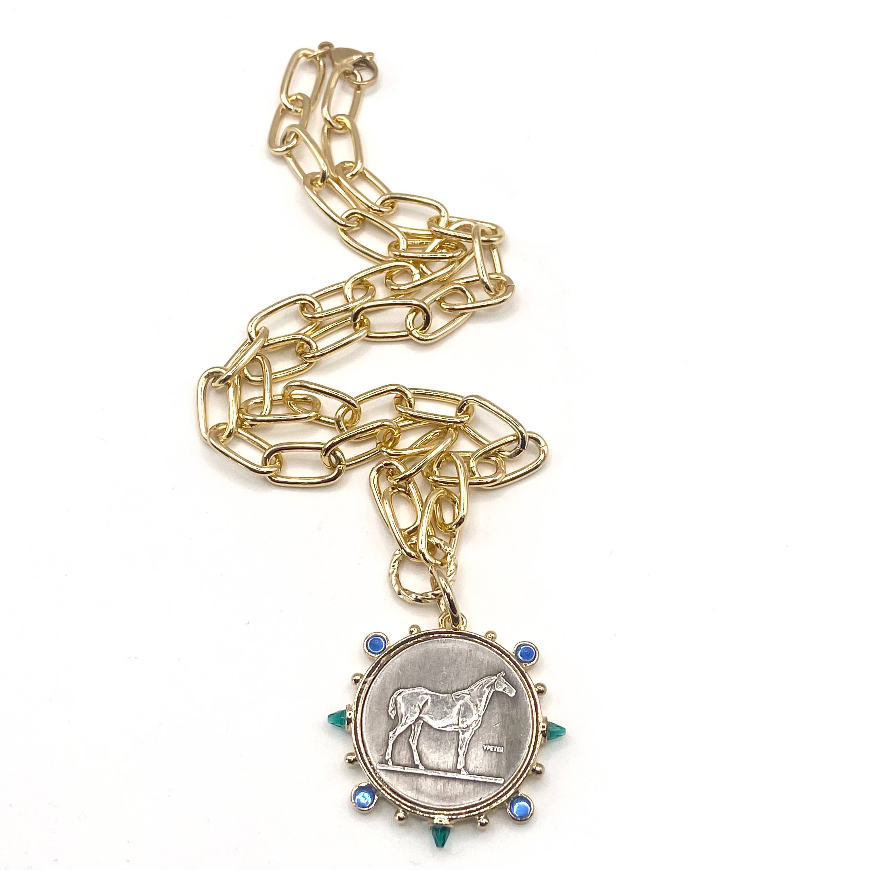Equestrian horse coin medallion western emerald sapphire  
