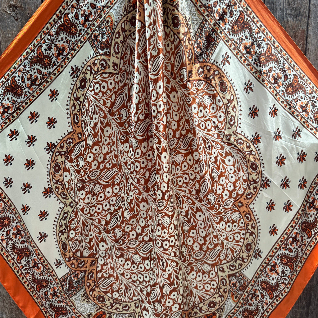 35X35" Orange, Brown and Cream Floral Wild Rag / Scarf WR3456