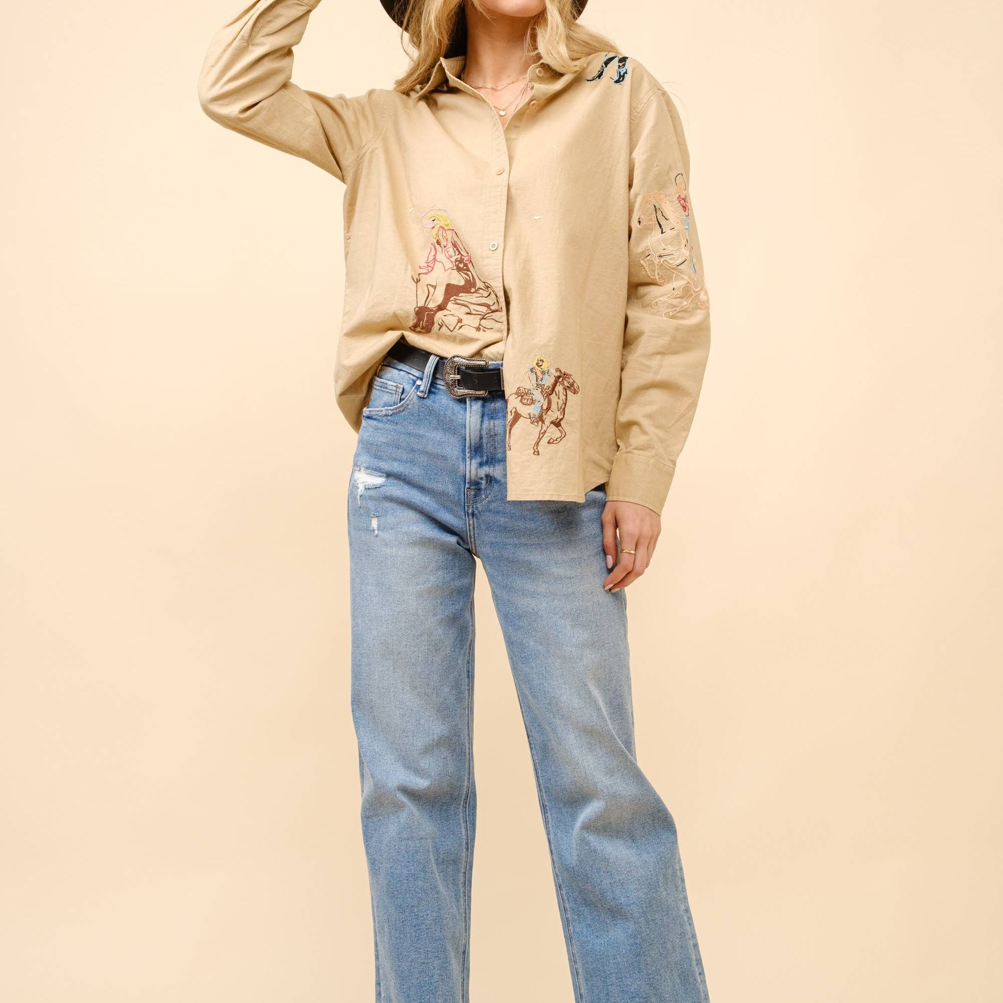Western Cowgirl Motif Button Up Linen Shirt Blouse