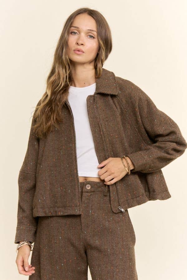 Herringbone Tweed Zip Front Bomber Jacket