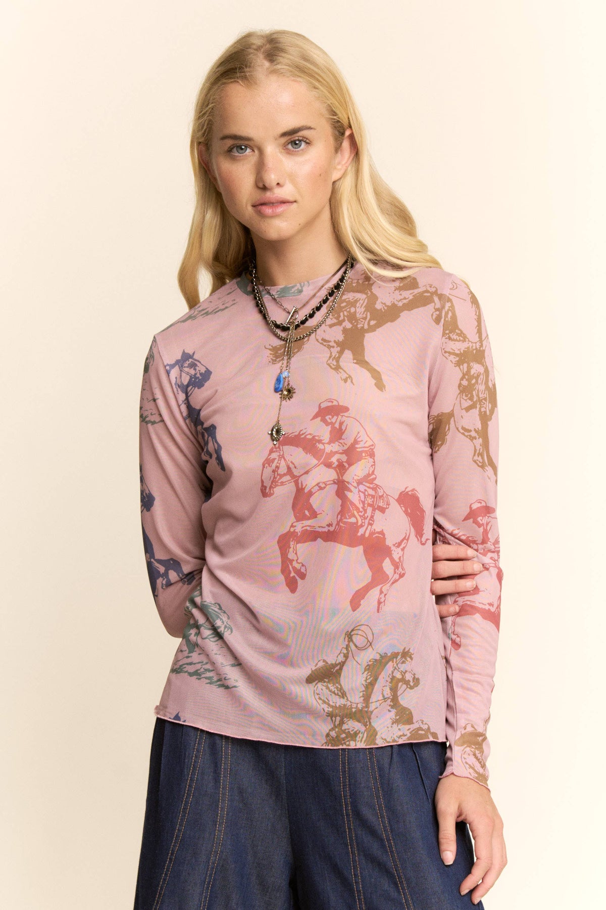 Western Horse Print Mesh Long Sleeve Top
